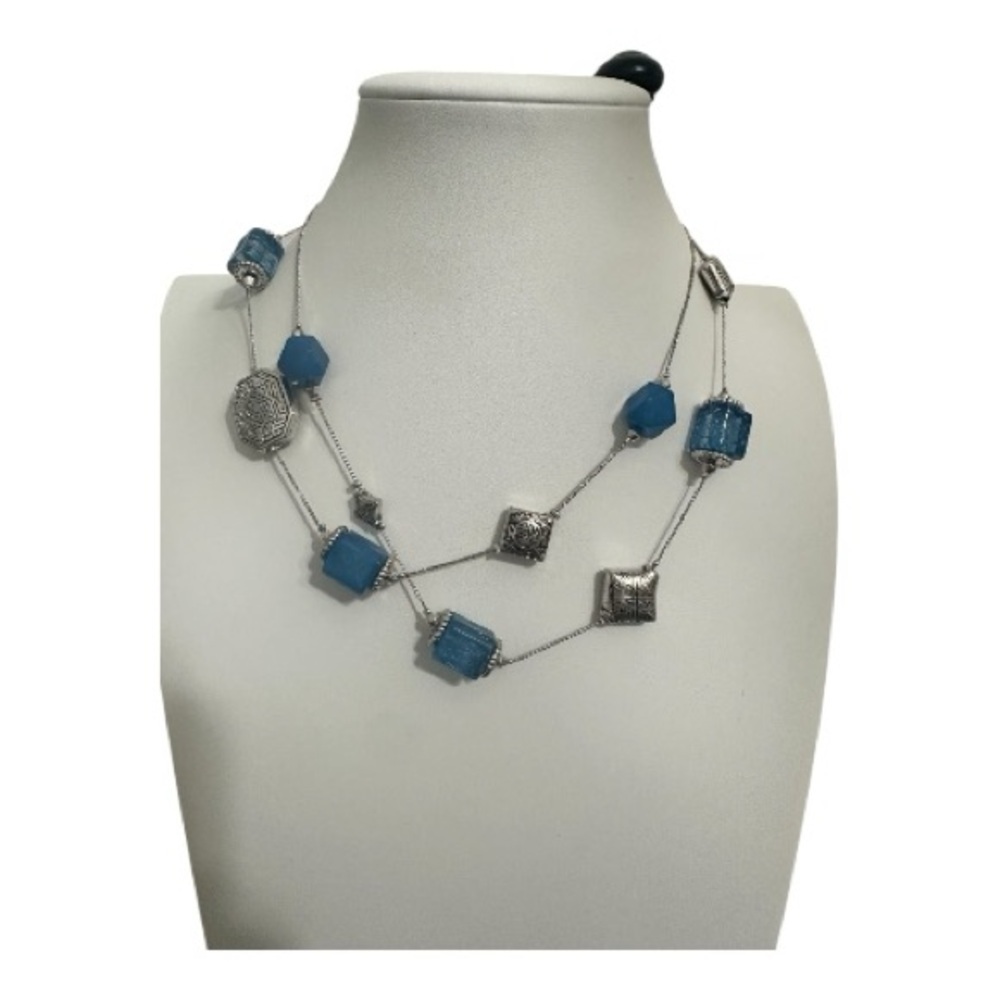 Long Blue Resin Bead Station Necklace | Silver Tone Boho Style - Picture 4 of 4